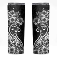 Polynesian Women's Day Skinny Tumbler Black Hibiscus Flowers With Polynesian Pattern