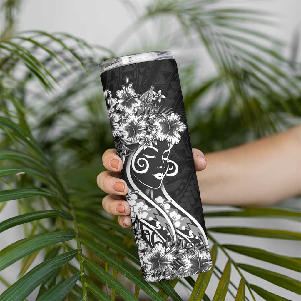 Polynesian Women's Day Skinny Tumbler Black Hibiscus Flowers With Polynesian Pattern