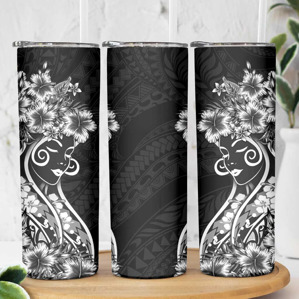 Polynesian Women's Day Skinny Tumbler Black Hibiscus Flowers With Polynesian Pattern