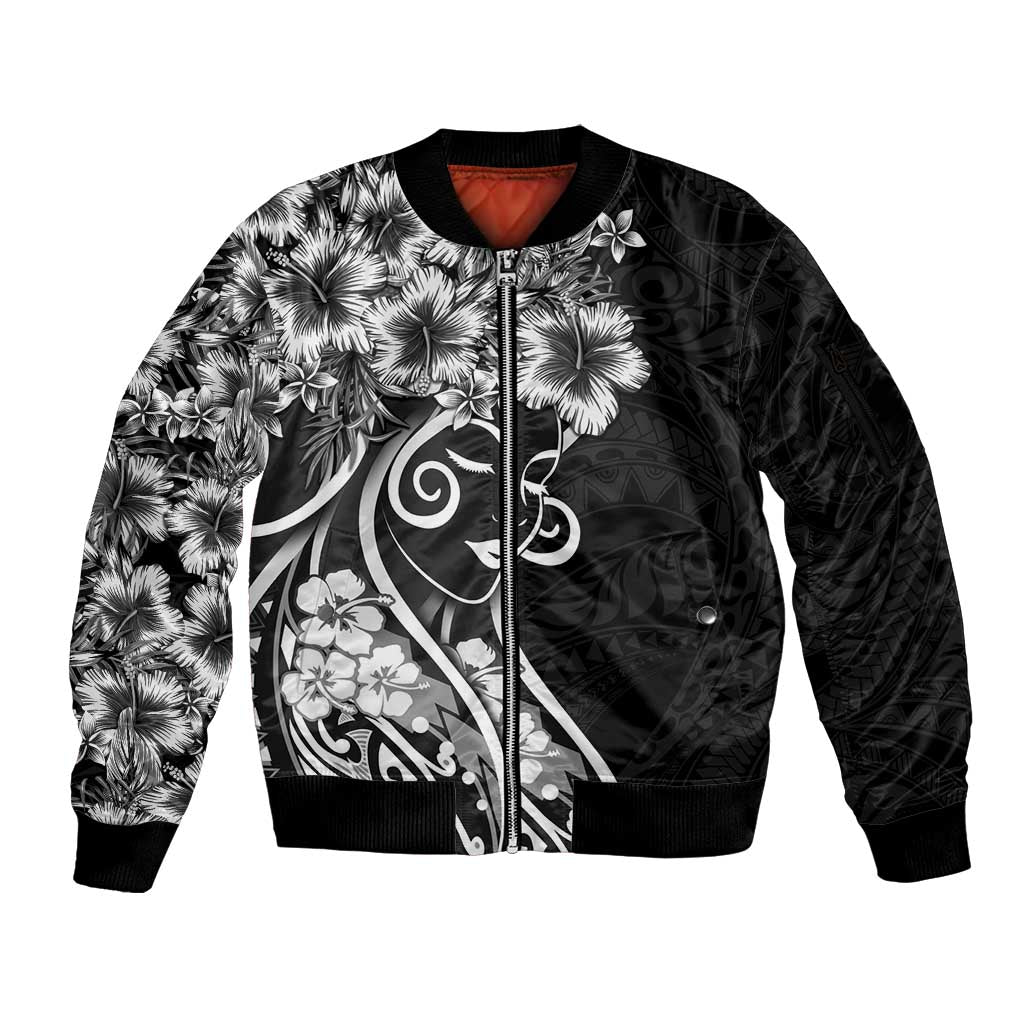 Polynesian Women's Day Sleeve Zip Bomber Jacket Black Hibiscus Flowers With Polynesian Pattern LT05 Unisex Black - Polynesian Pride