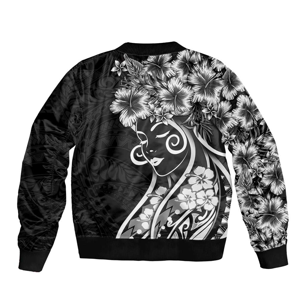 Polynesian Women's Day Sleeve Zip Bomber Jacket Black Hibiscus Flowers With Polynesian Pattern LT05 - Polynesian Pride