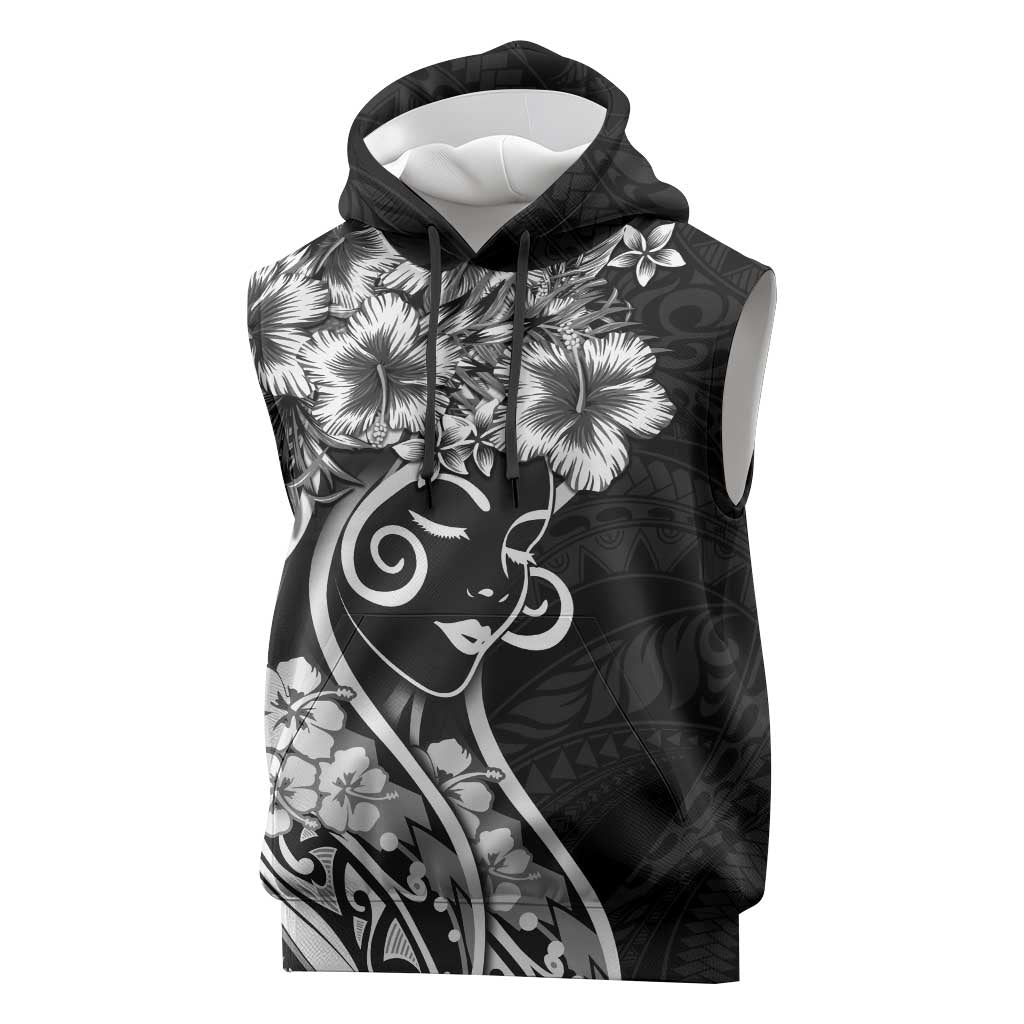 Polynesian Women's Day Sleeveless Hoodie Black Hibiscus Flowers With Polynesian Pattern