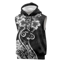 Polynesian Women's Day Sleeveless Hoodie Black Hibiscus Flowers With Polynesian Pattern
