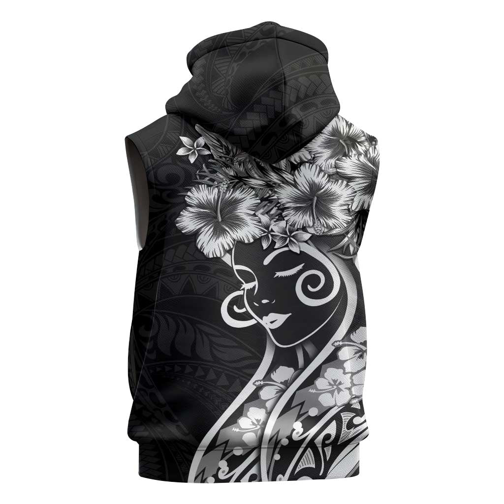 Polynesian Women's Day Sleeveless Hoodie Black Hibiscus Flowers With Polynesian Pattern