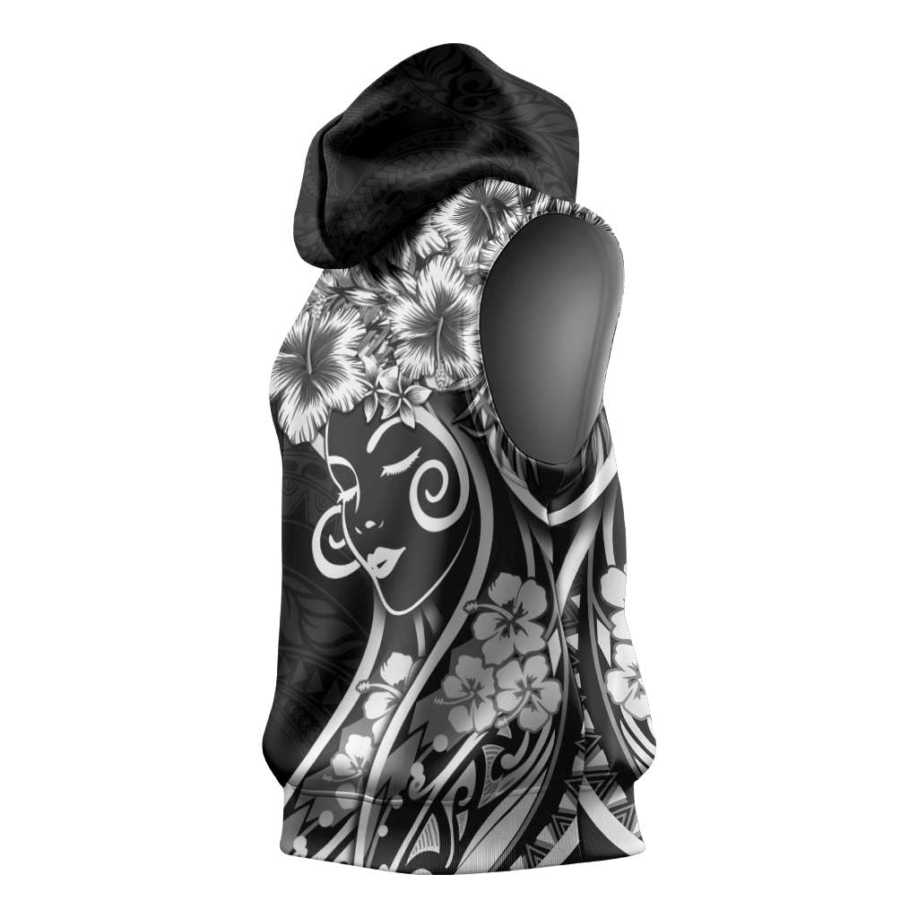 Polynesian Women's Day Sleeveless Hoodie Black Hibiscus Flowers With Polynesian Pattern