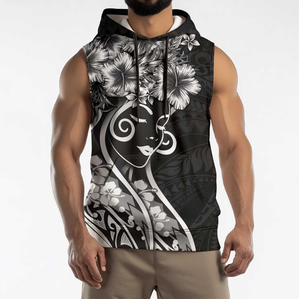 Polynesian Women's Day Sleeveless Hoodie Black Hibiscus Flowers With Polynesian Pattern