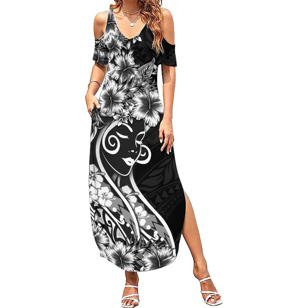 Polynesian Women's Day Summer Maxi Dress Black Hibiscus Flowers With Polynesian Pattern