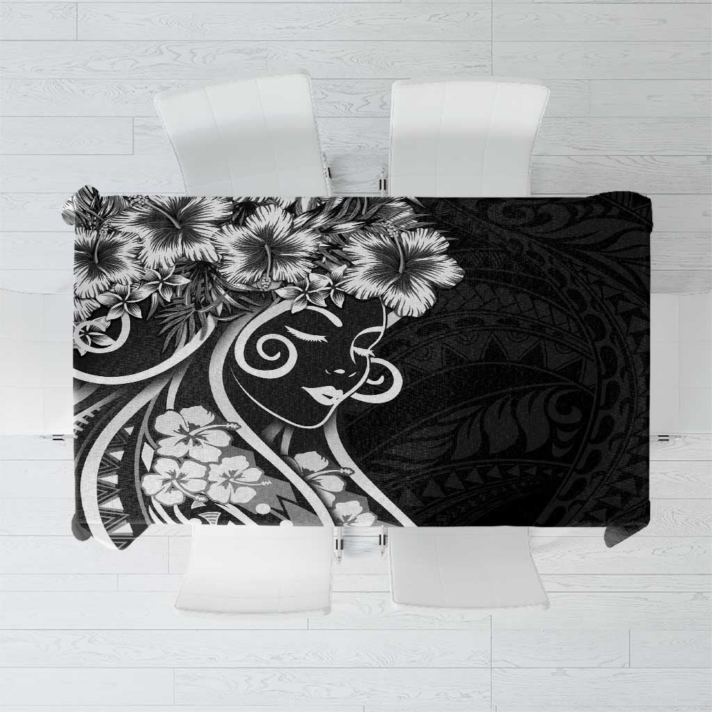 Polynesian Women's Day Tablecloth Black Hibiscus Flowers With Polynesian Pattern