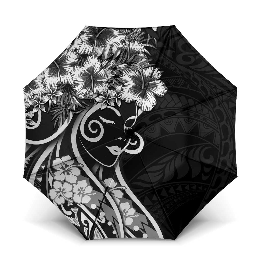 Polynesian Women's Day Umbrella Black Hibiscus Flowers With Polynesian Pattern