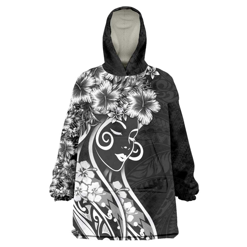 Polynesian Women's Day Wearable Blanket Hoodie Black Hibiscus Flowers With Polynesian Pattern LT05 One Size Black - Polynesian Pride