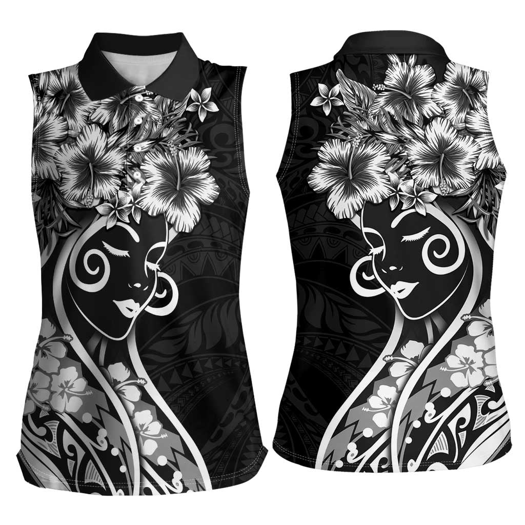 Polynesian Women's Day Women Sleeveless Polo Shirt Black Hibiscus Flowers With Polynesian Pattern LT05 - Polynesian Pride