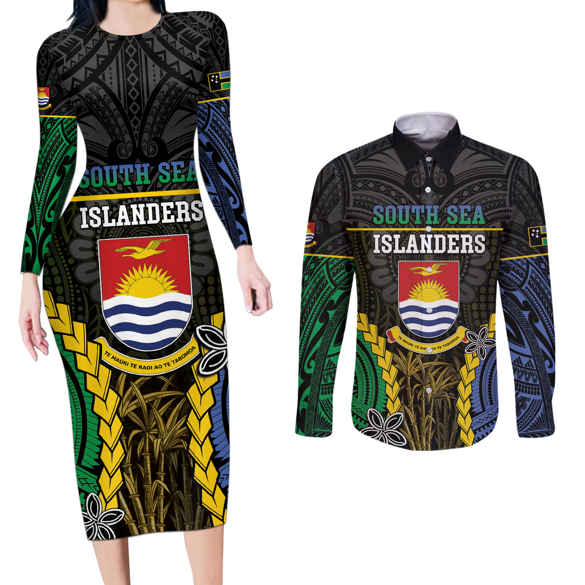 Personalised South Sea Islanders And Gilbert Islands Couples Matching Long Sleeve Bodycon Dress and Long Sleeve Button Shirt Kanakas Polynesian Pattern