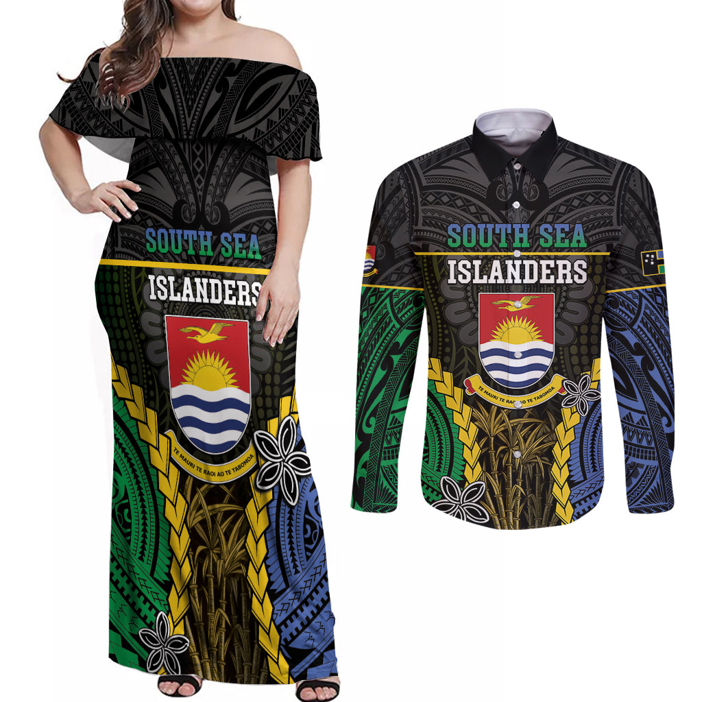 Personalised South Sea Islanders And Gilbert Islands Couples Matching Off Shoulder Maxi Dress and Long Sleeve Button Shirt Kanakas Polynesian Pattern