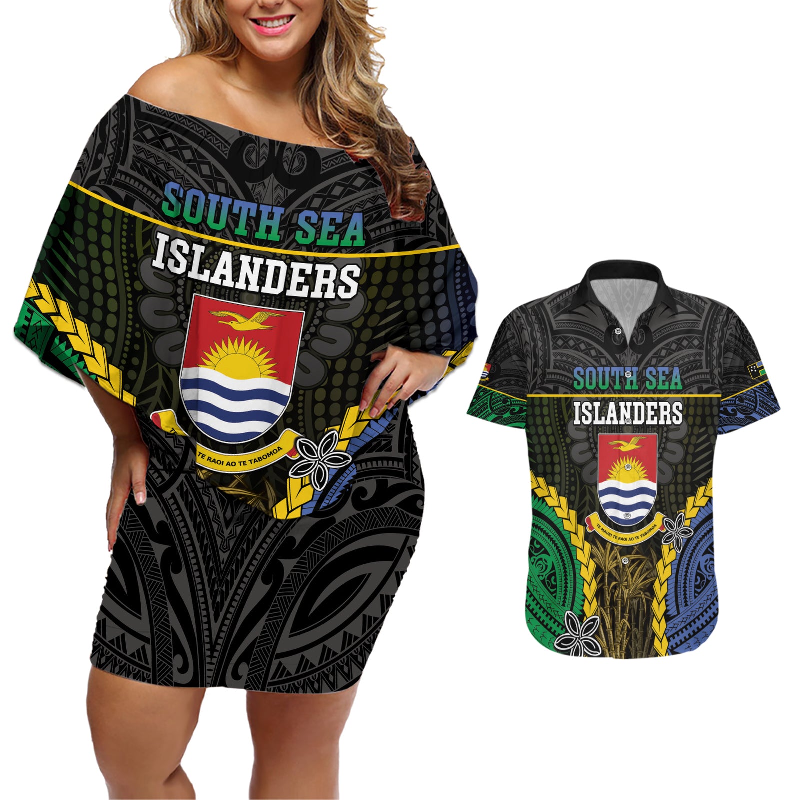 Personalised South Sea Islanders And Gilbert Islands Couples Matching Off Shoulder Short Dress and Hawaiian Shirt Kanakas Polynesian Pattern