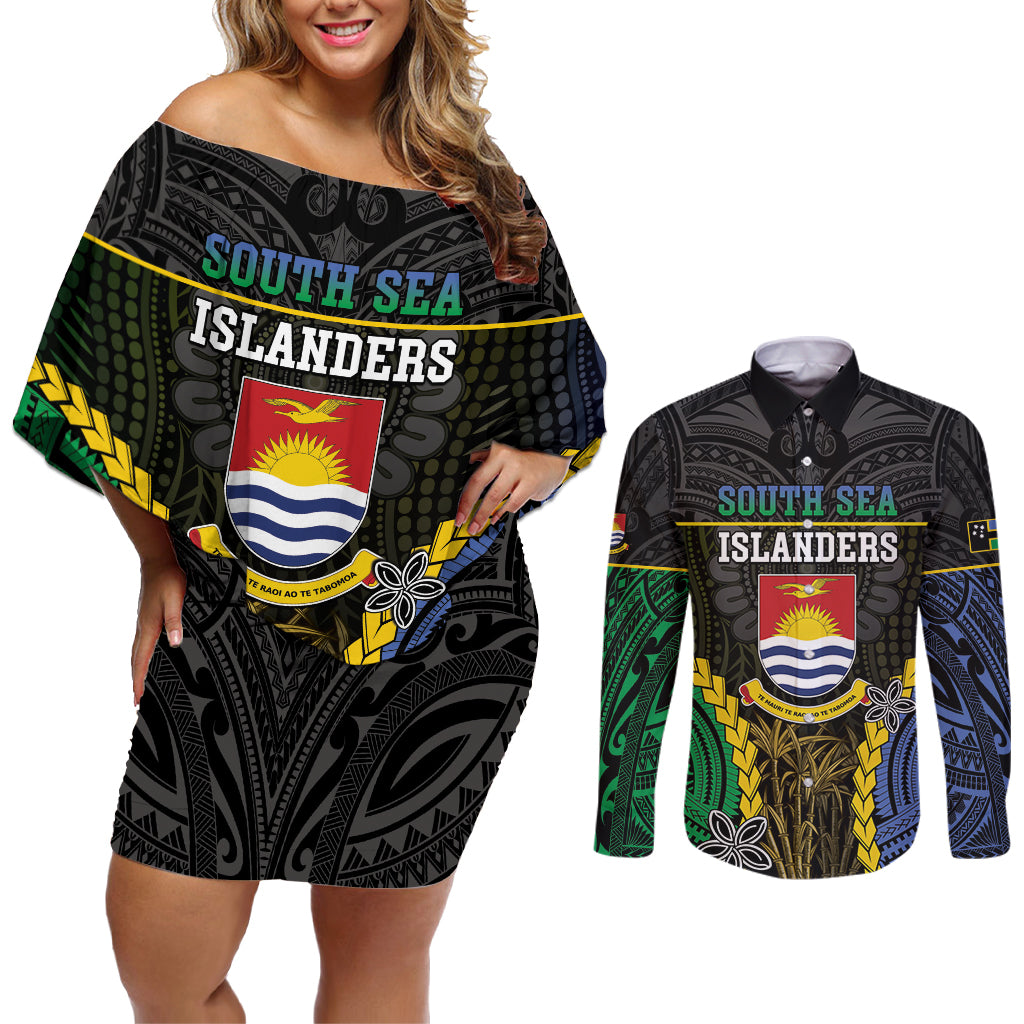 Personalised South Sea Islanders And Gilbert Islands Couples Matching Off Shoulder Short Dress and Long Sleeve Button Shirt Kanakas Polynesian Pattern
