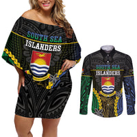 Personalised South Sea Islanders And Gilbert Islands Couples Matching Off Shoulder Short Dress and Long Sleeve Button Shirt Kanakas Polynesian Pattern