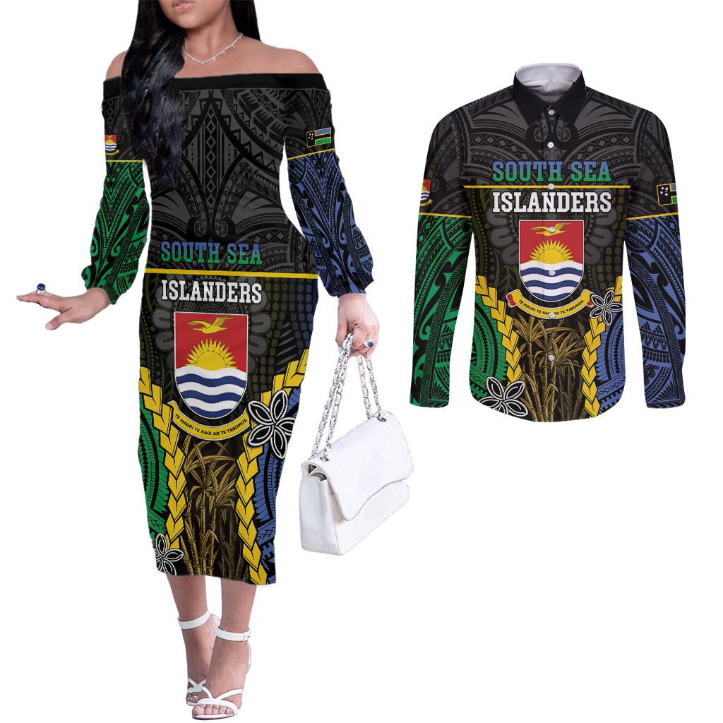 Personalised South Sea Islanders And Gilbert Islands Couples Matching Off The Shoulder Long Sleeve Dress and Long Sleeve Button Shirt Kanakas Polynesian Pattern