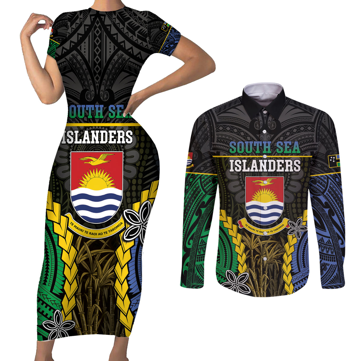 Personalised South Sea Islanders And Gilbert Islands Couples Matching Short Sleeve Bodycon Dress and Long Sleeve Button Shirt Kanakas Polynesian Pattern