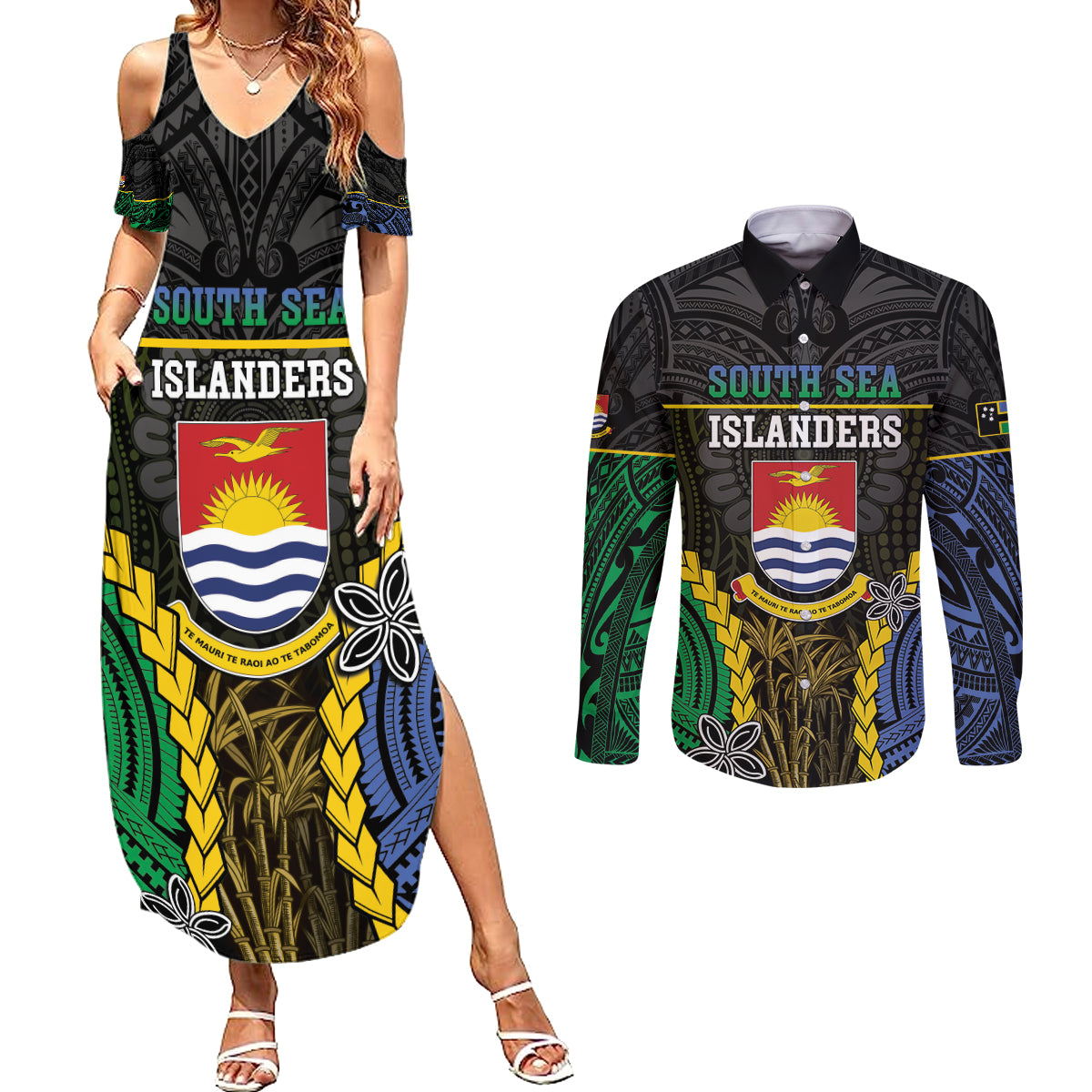 Personalised South Sea Islanders And Gilbert Islands Couples Matching Summer Maxi Dress and Long Sleeve Button Shirt Kanakas Polynesian Pattern