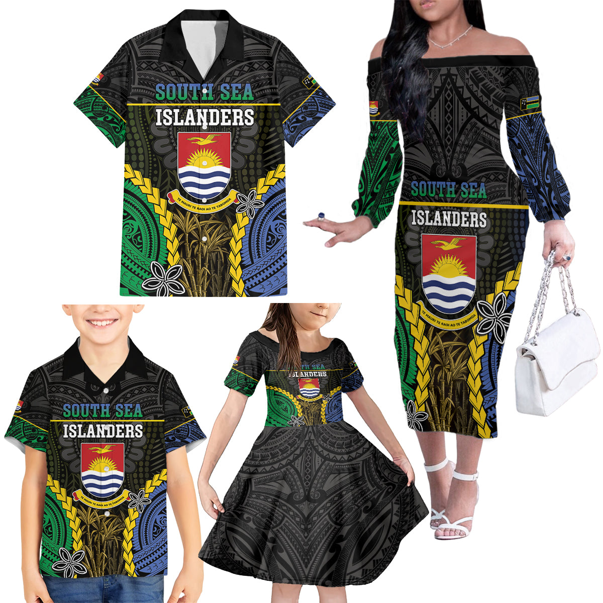 Personalised South Sea Islanders And Gilbert Islands Family Matching Off The Shoulder Long Sleeve Dress and Hawaiian Shirt Kanakas Polynesian Pattern