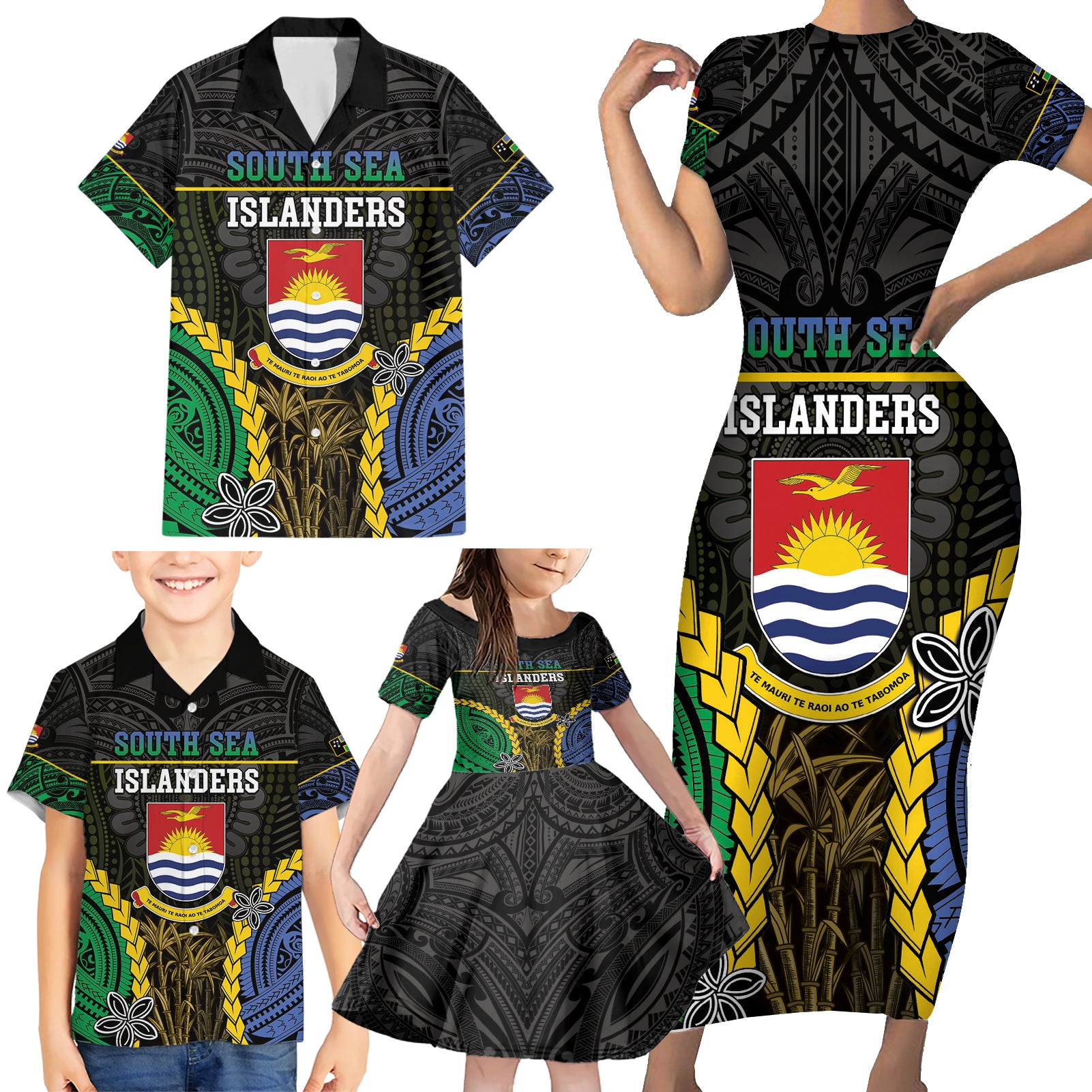 Personalised South Sea Islanders And Gilbert Islands Family Matching Short Sleeve Bodycon Dress and Hawaiian Shirt Kanakas Polynesian Pattern
