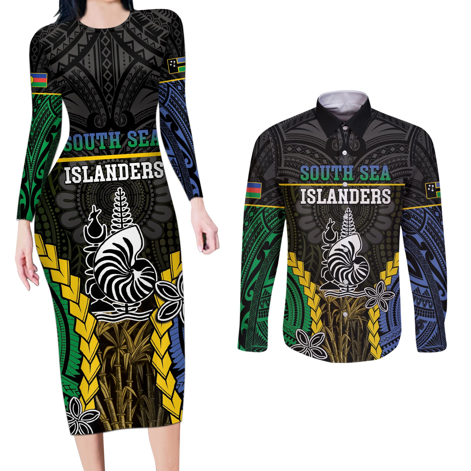 Personalised South Sea Islanders And New Caledonia Couples Matching Long Sleeve Bodycon Dress and Long Sleeve Button Shirt Kanakas Polynesian Pattern
