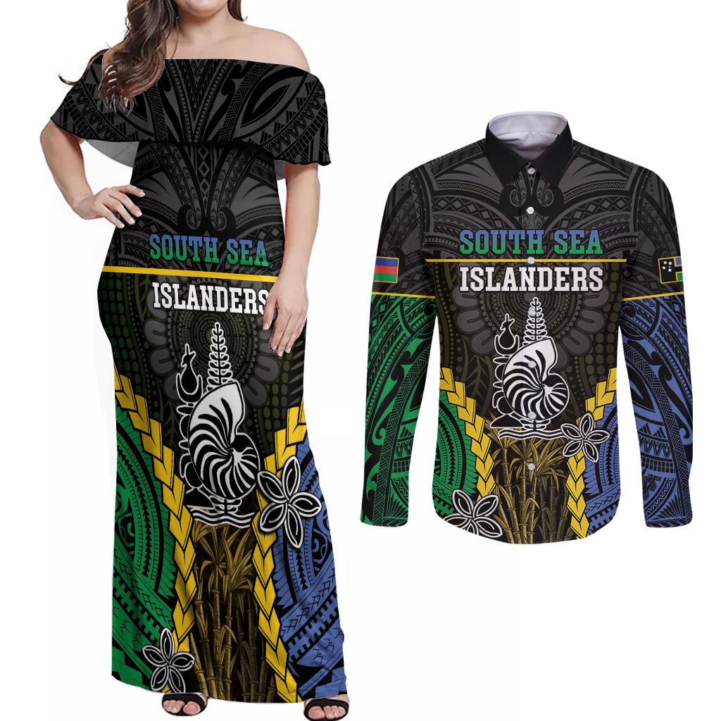 Personalised South Sea Islanders And New Caledonia Couples Matching Off Shoulder Maxi Dress and Long Sleeve Button Shirt Kanakas Polynesian Pattern