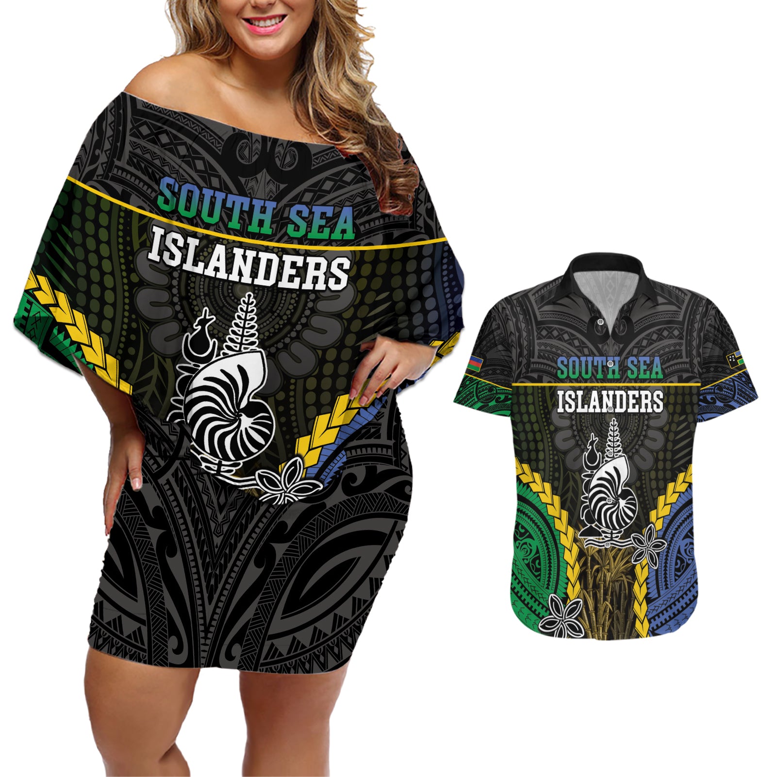 Personalised South Sea Islanders And New Caledonia Couples Matching Off Shoulder Short Dress and Hawaiian Shirt Kanakas Polynesian Pattern