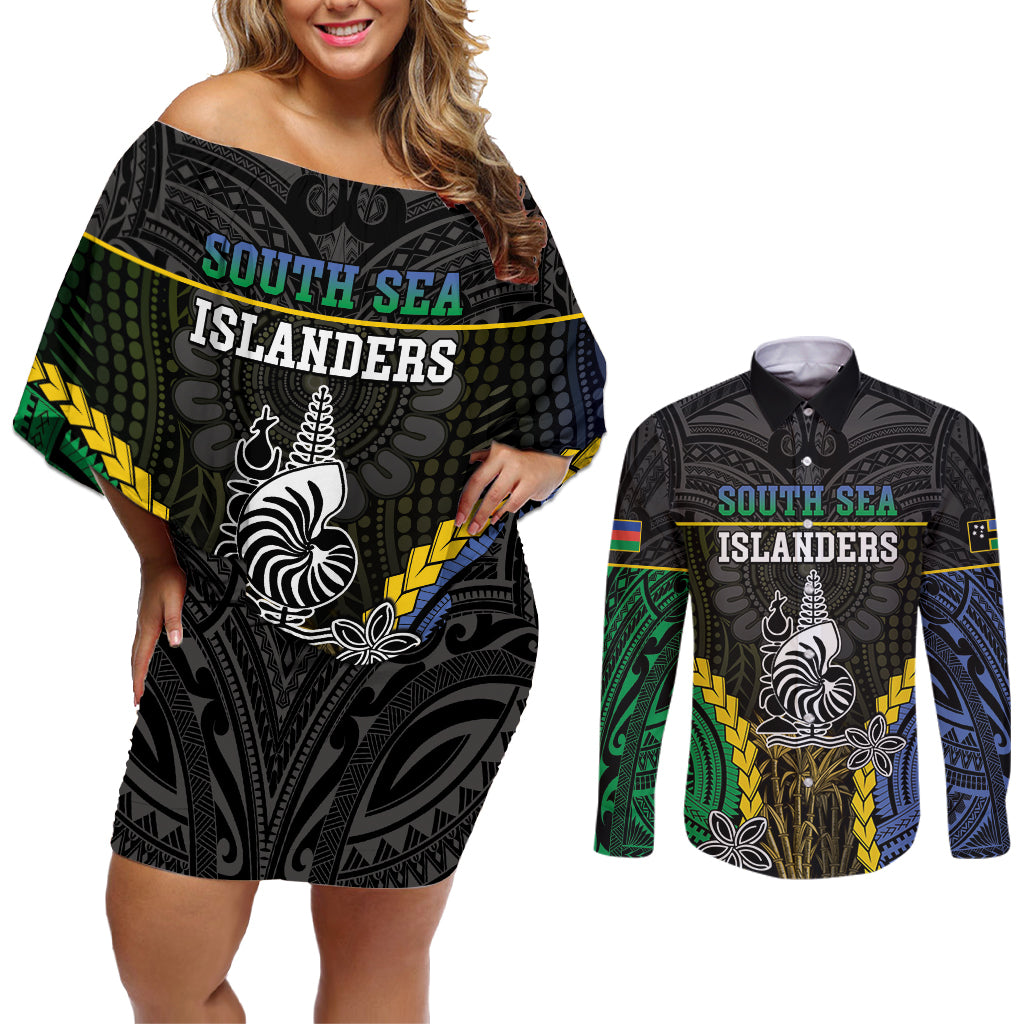 Personalised South Sea Islanders And New Caledonia Couples Matching Off Shoulder Short Dress and Long Sleeve Button Shirt Kanakas Polynesian Pattern