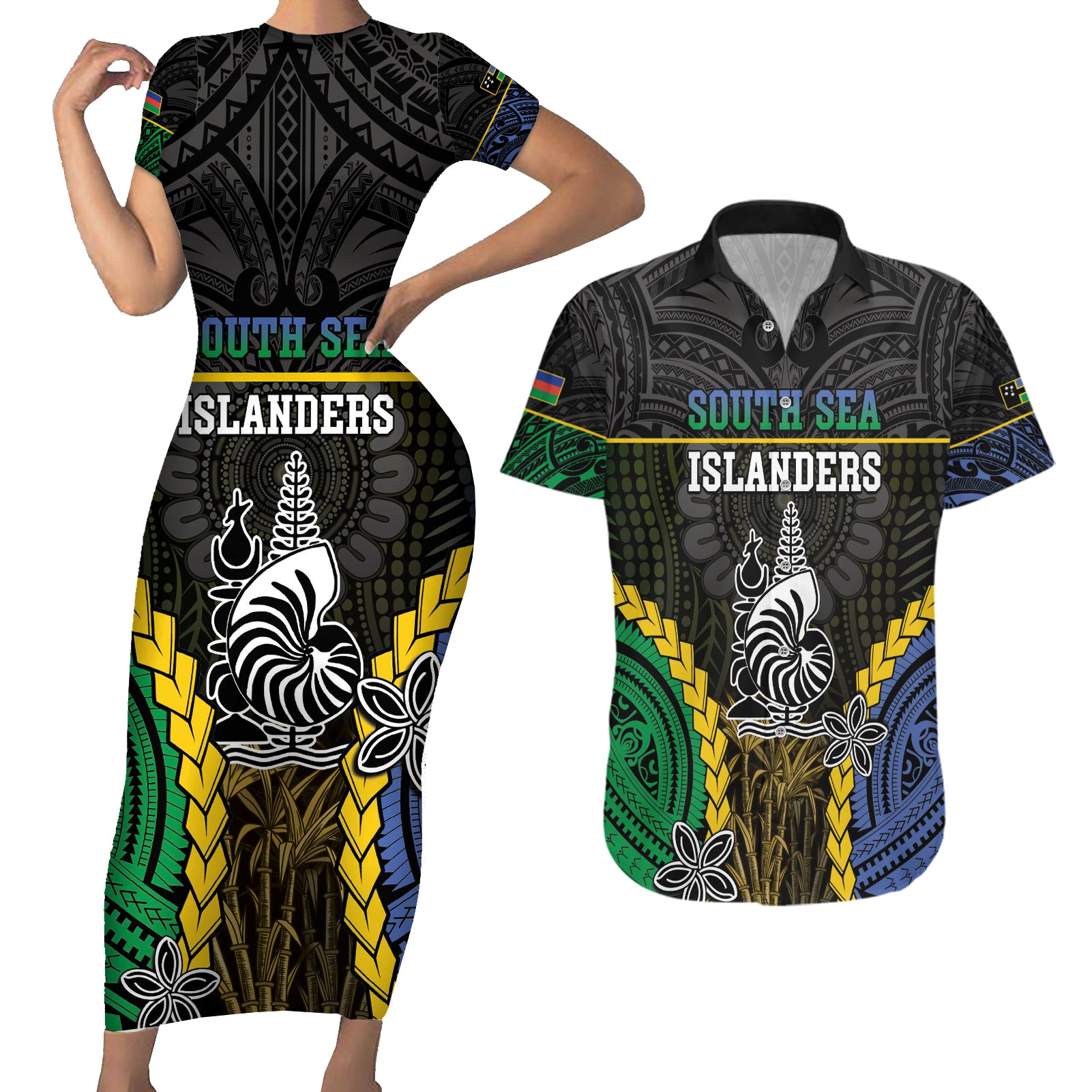 Personalised South Sea Islanders And New Caledonia Couples Matching Short Sleeve Bodycon Dress and Hawaiian Shirt Kanakas Polynesian Pattern