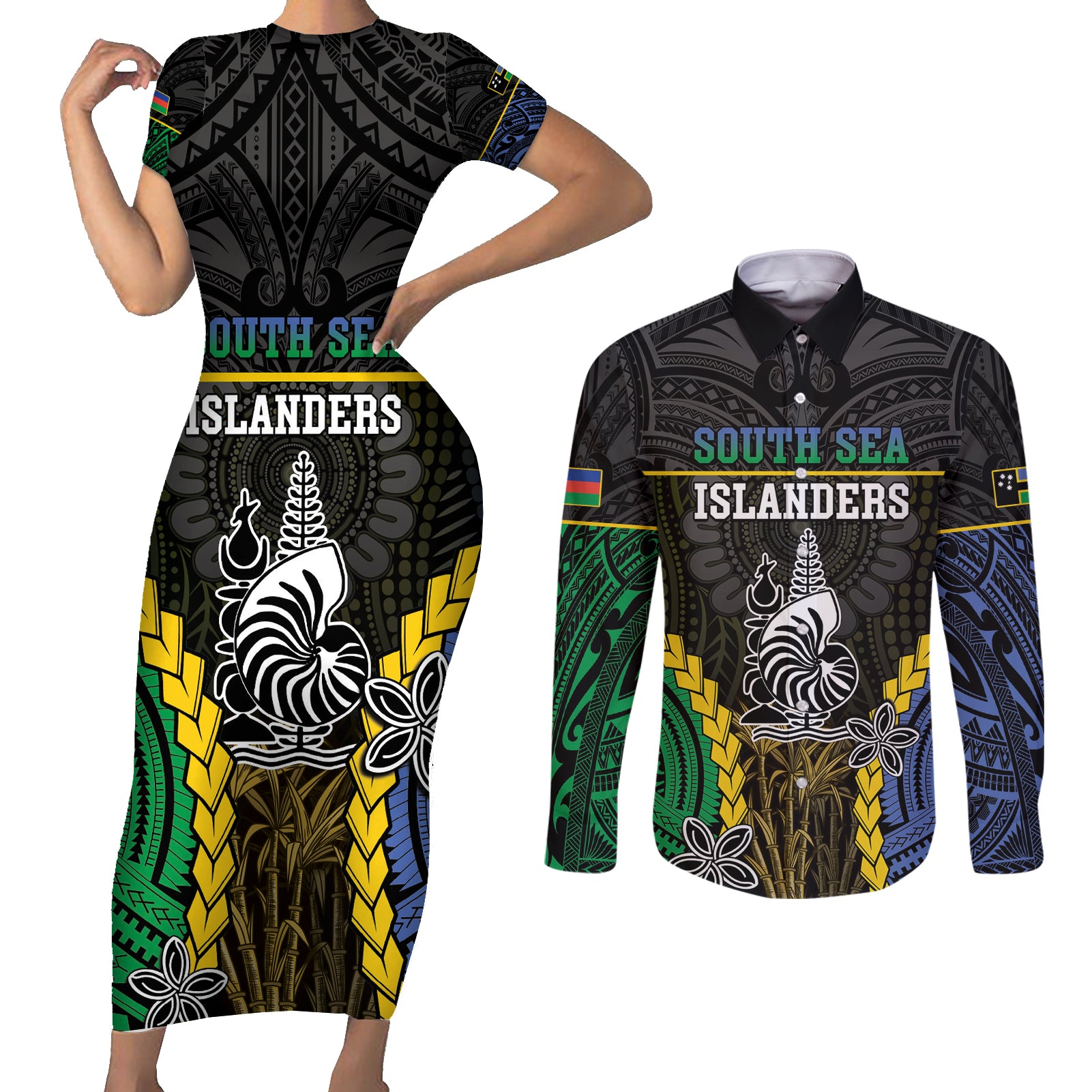 Personalised South Sea Islanders And New Caledonia Couples Matching Short Sleeve Bodycon Dress and Long Sleeve Button Shirt Kanakas Polynesian Pattern
