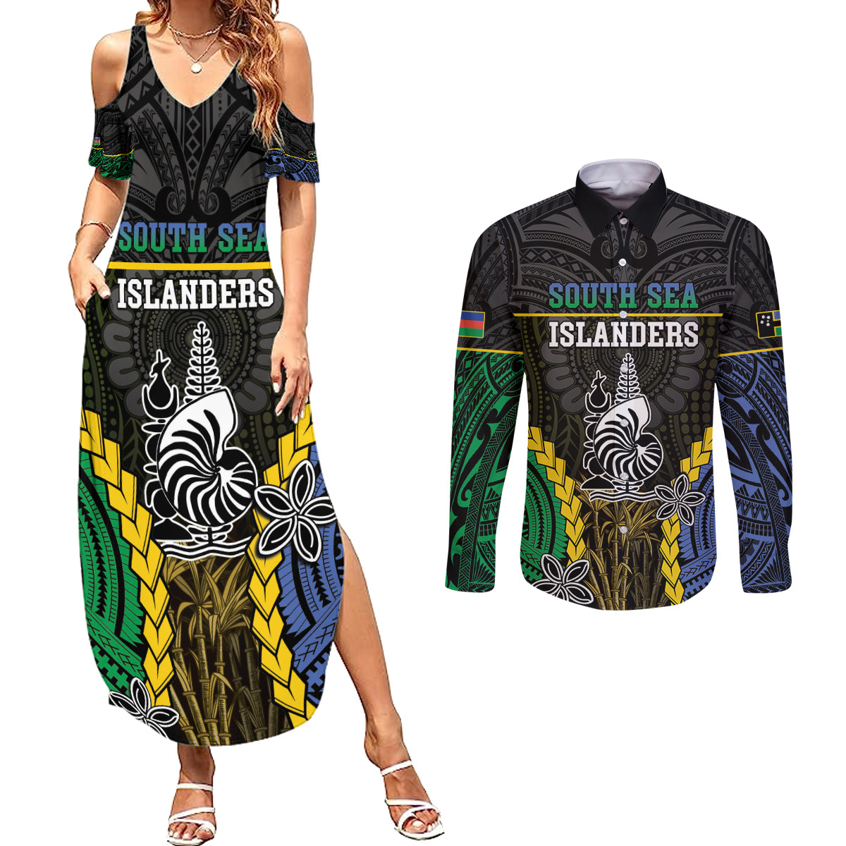 Personalised South Sea Islanders And New Caledonia Couples Matching Summer Maxi Dress and Long Sleeve Button Shirt Kanakas Polynesian Pattern