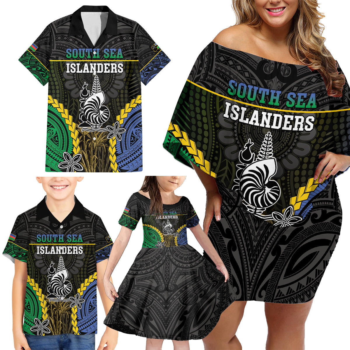 Personalised South Sea Islanders And New Caledonia Family Matching Off Shoulder Short Dress and Hawaiian Shirt Kanakas Polynesian Pattern