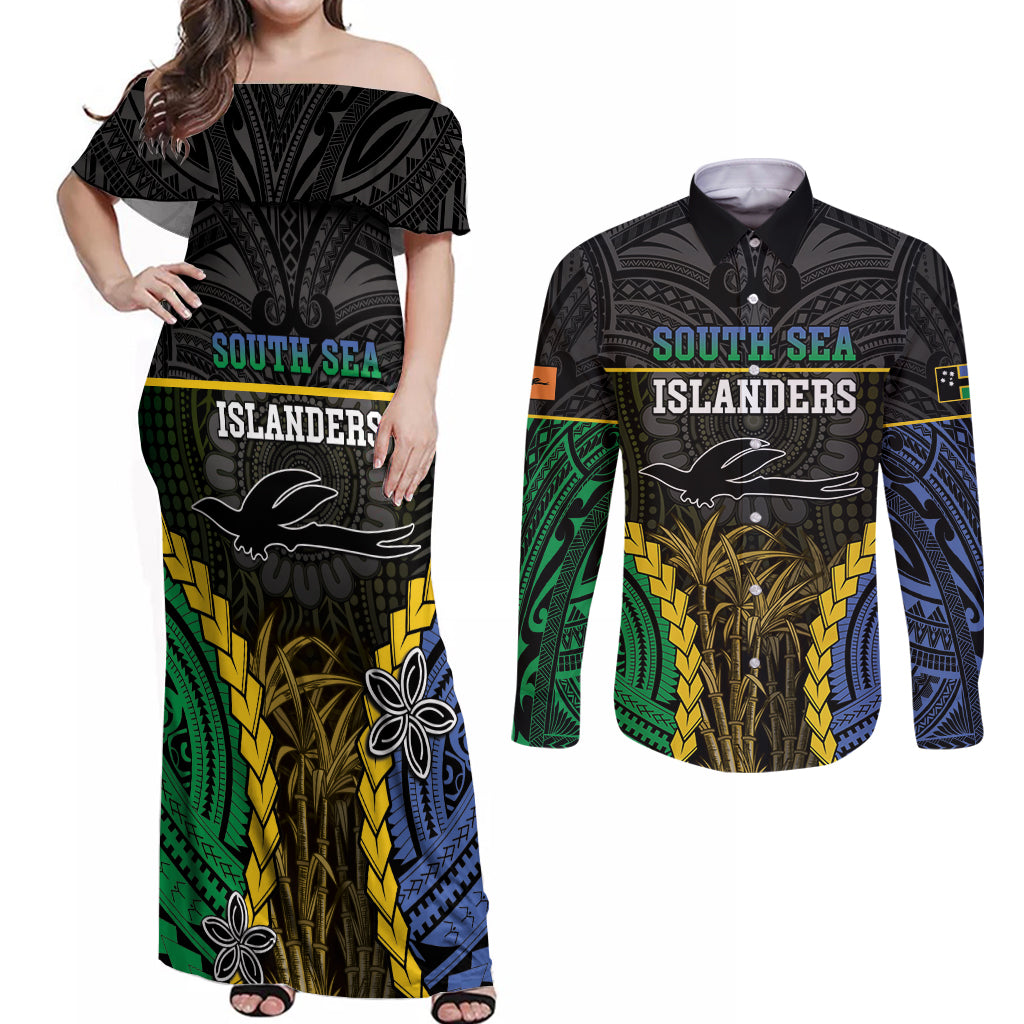Personalised South Sea Islanders And New Ireland Couples Matching Off Shoulder Maxi Dress and Long Sleeve Button Shirt Kanakas Polynesian Pattern