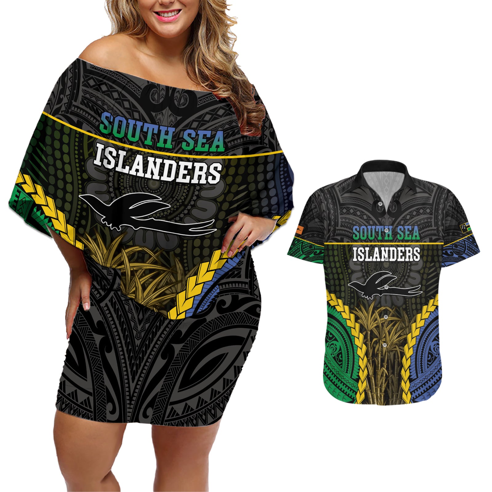 Personalised South Sea Islanders And New Ireland Couples Matching Off Shoulder Short Dress and Hawaiian Shirt Kanakas Polynesian Pattern