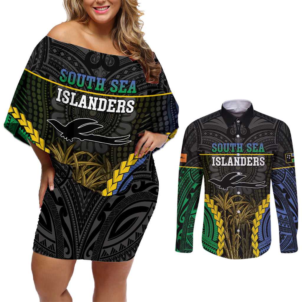Personalised South Sea Islanders And New Ireland Couples Matching Off Shoulder Short Dress and Long Sleeve Button Shirt Kanakas Polynesian Pattern