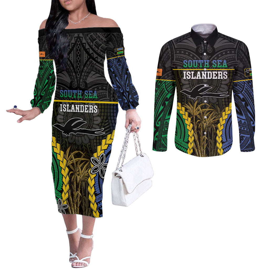Personalised South Sea Islanders And New Ireland Couples Matching Off The Shoulder Long Sleeve Dress and Long Sleeve Button Shirt Kanakas Polynesian Pattern