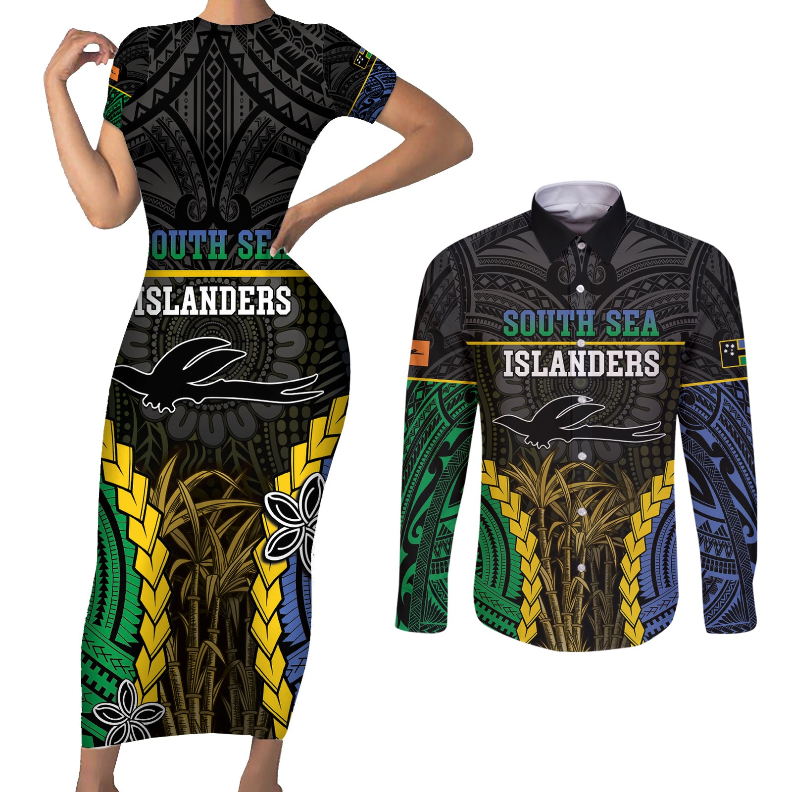 Personalised South Sea Islanders And New Ireland Couples Matching Short Sleeve Bodycon Dress and Long Sleeve Button Shirt Kanakas Polynesian Pattern