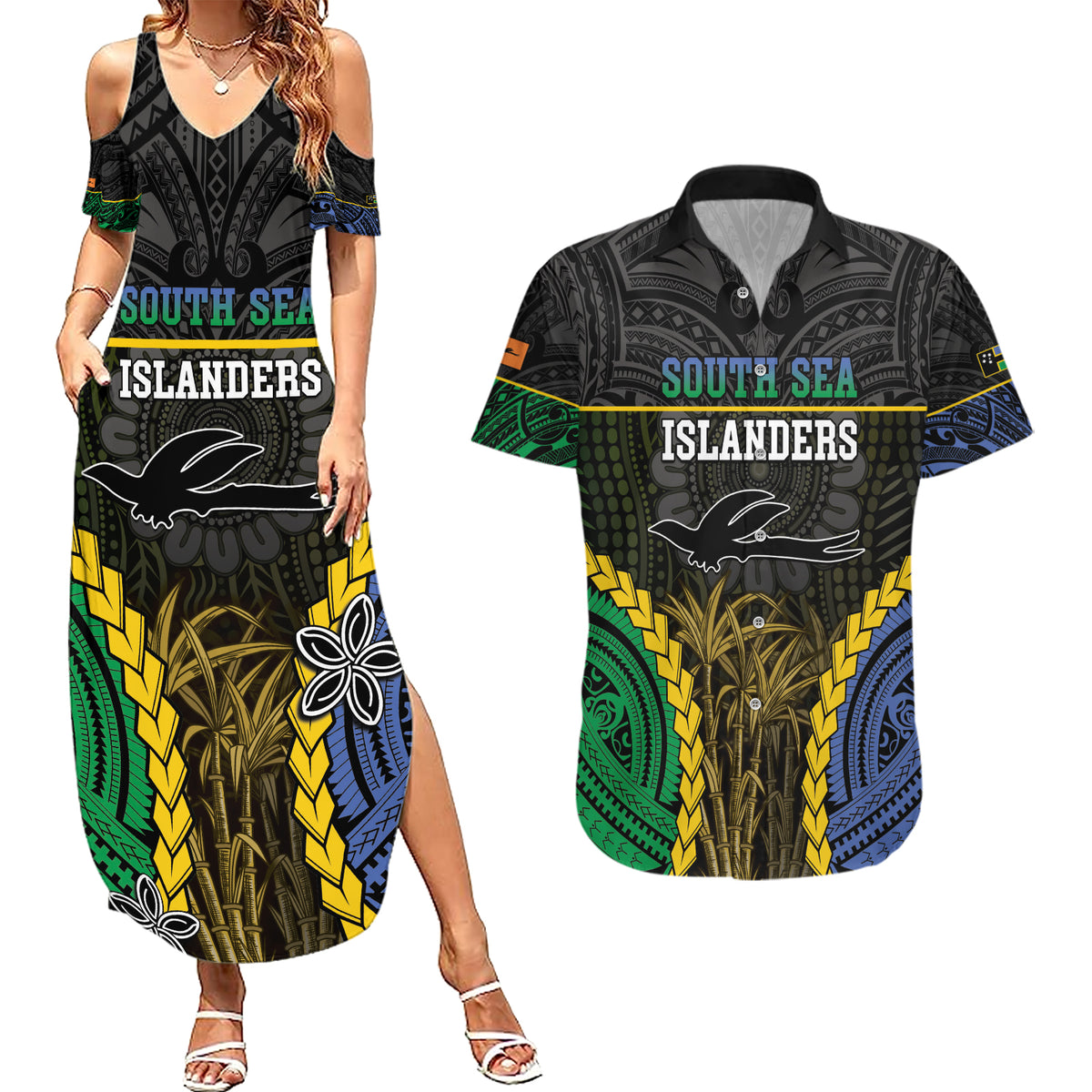 Personalised South Sea Islanders And New Ireland Couples Matching Summer Maxi Dress and Hawaiian Shirt Kanakas Polynesian Pattern