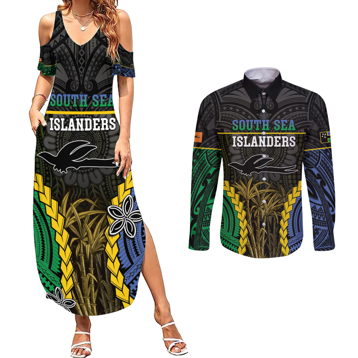 Personalised South Sea Islanders And New Ireland Couples Matching Summer Maxi Dress and Long Sleeve Button Shirt Kanakas Polynesian Pattern