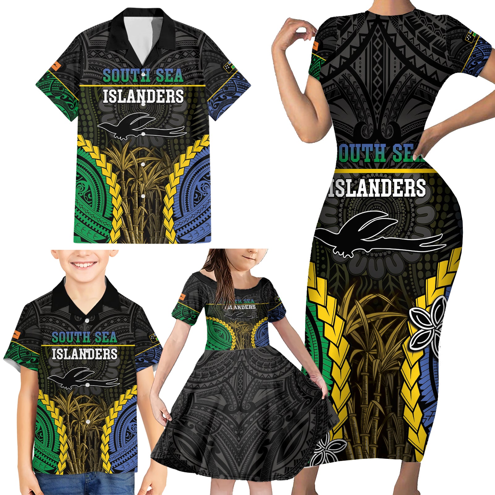 Personalised South Sea Islanders And New Ireland Family Matching Short Sleeve Bodycon Dress and Hawaiian Shirt Kanakas Polynesian Pattern