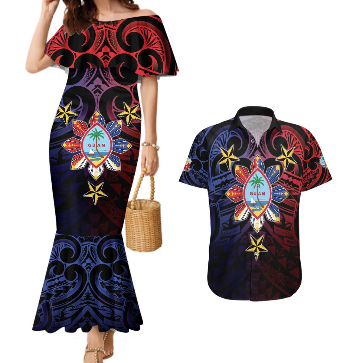 Philippines Guam Couples Matching Mermaid Dress and Hawaiian Shirt Filipino Sun With Guaman Seal