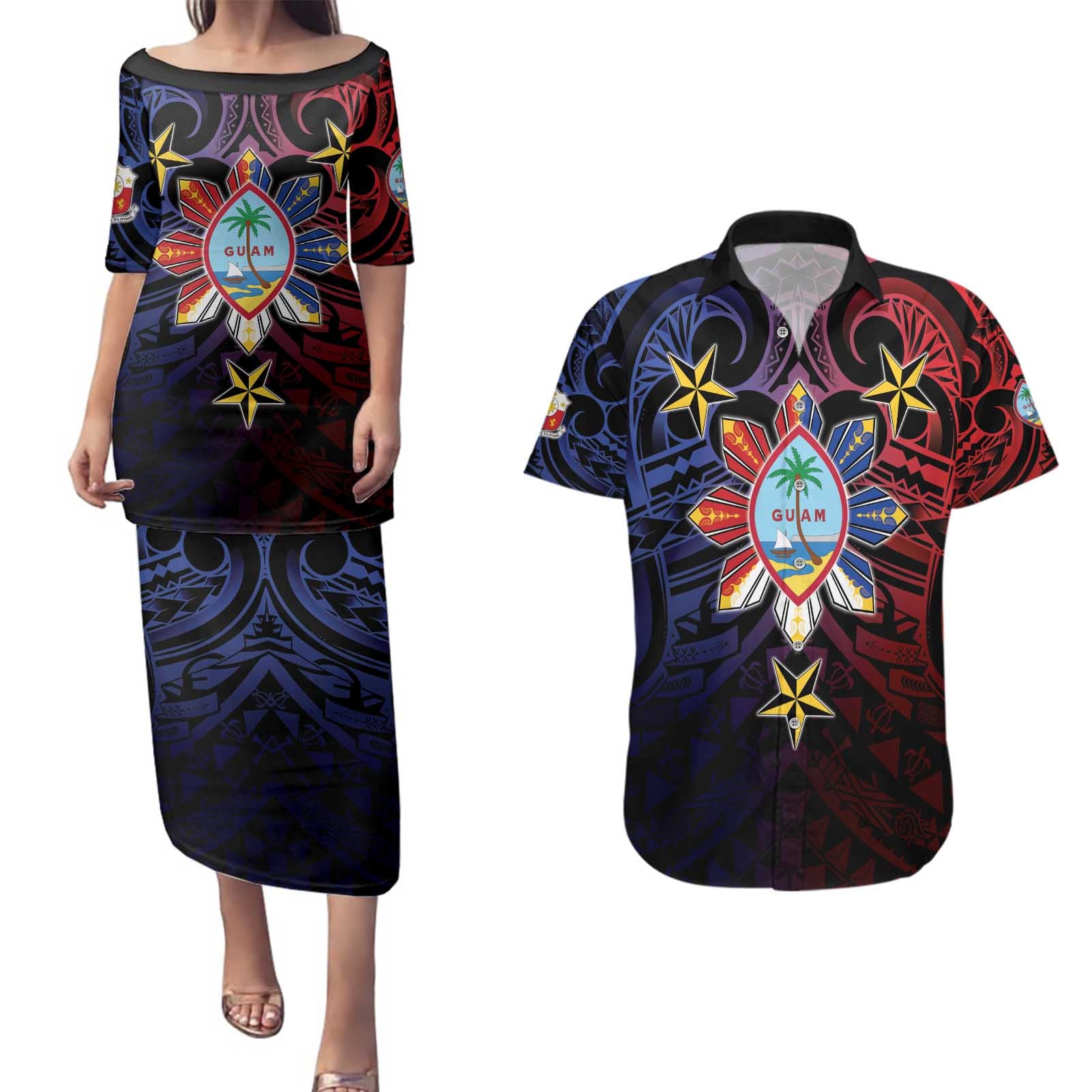 Philippines Guam Couples Matching Puletasi and Hawaiian Shirt Filipino Sun With Guaman Seal