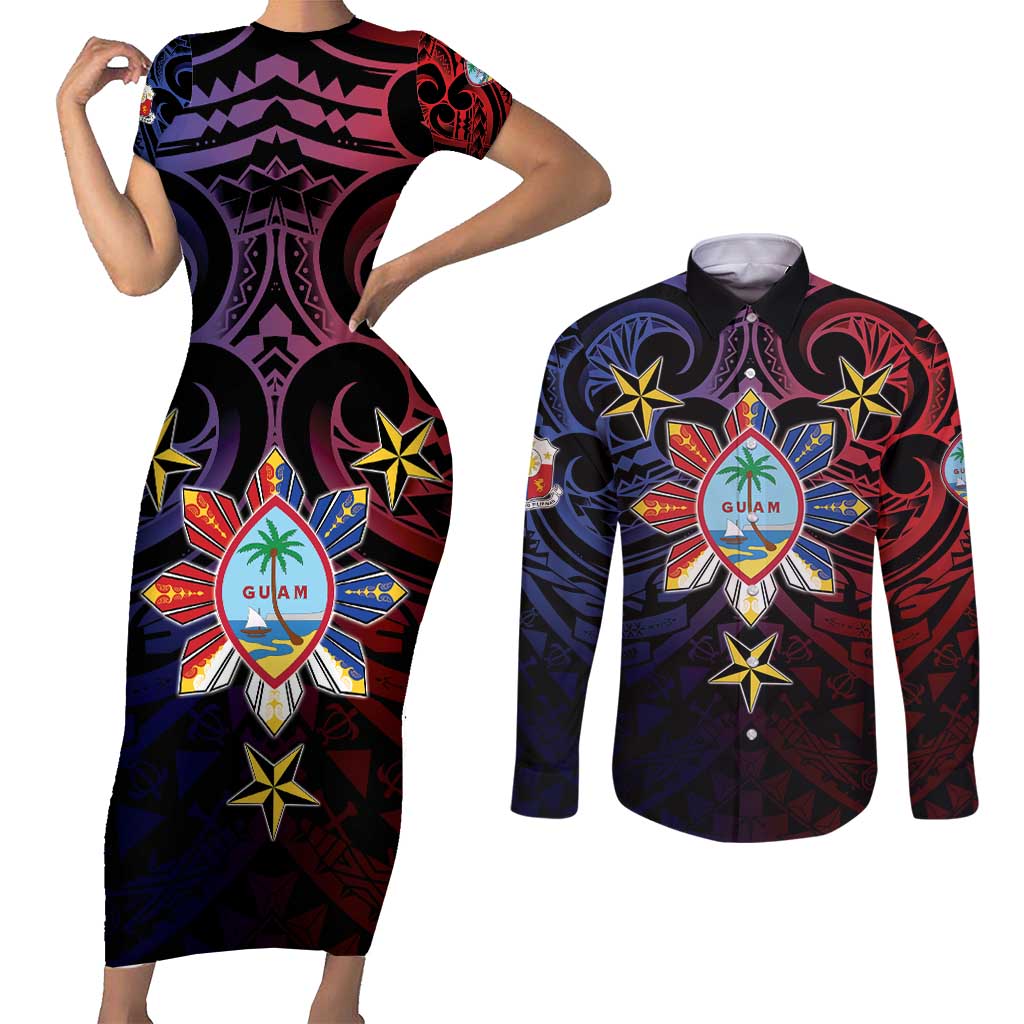Philippines Guam Couples Matching Short Sleeve Bodycon Dress and Long Sleeve Button Shirt Filipino Sun With Guaman Seal