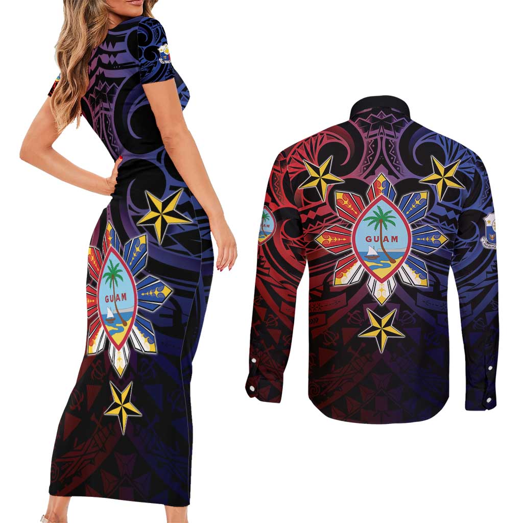 Philippines Guam Couples Matching Short Sleeve Bodycon Dress and Long Sleeve Button Shirt Filipino Sun With Guaman Seal