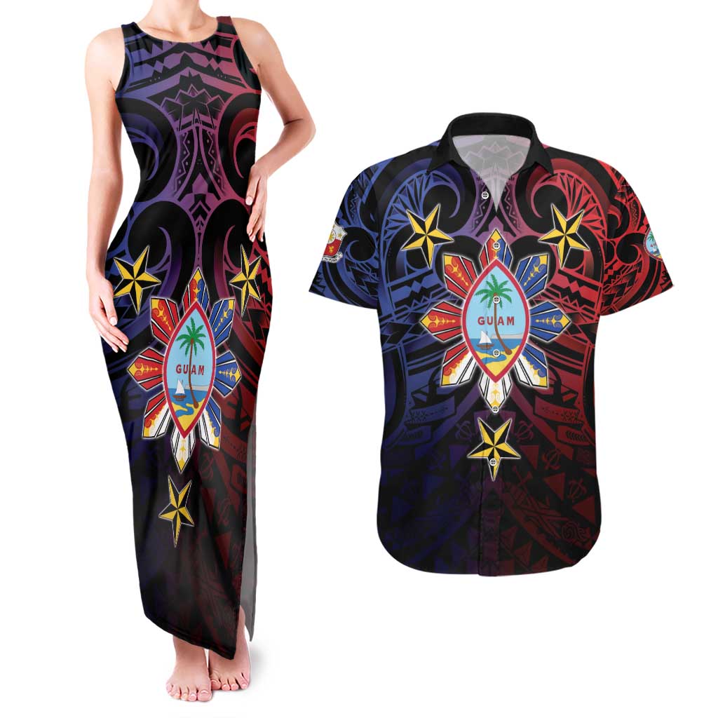 Philippines Guam Couples Matching Tank Maxi Dress and Hawaiian Shirt Filipino Sun With Guaman Seal