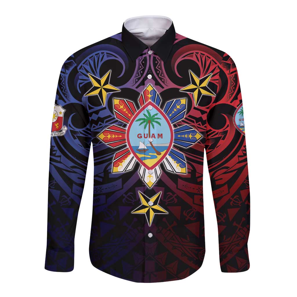 Philippines Guam Long Sleeve Button Shirt Filipino Sun With Guaman Seal