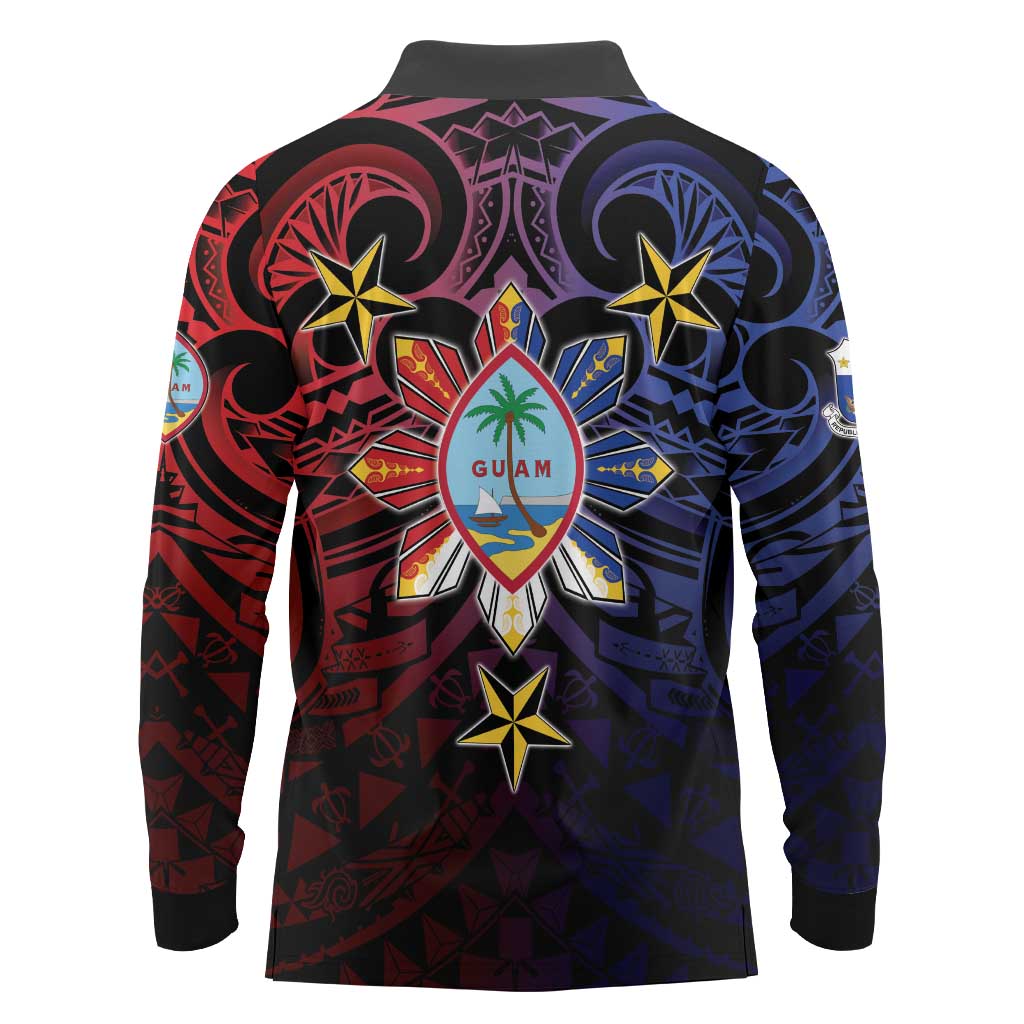 Philippines Guam Long Sleeve Polo Shirt Filipino Sun With Guaman Seal