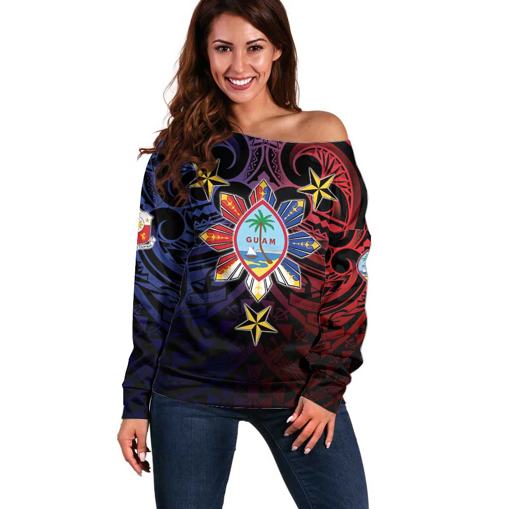 Philippines Guam Off Shoulder Sweater Filipino Sun With Guaman Seal