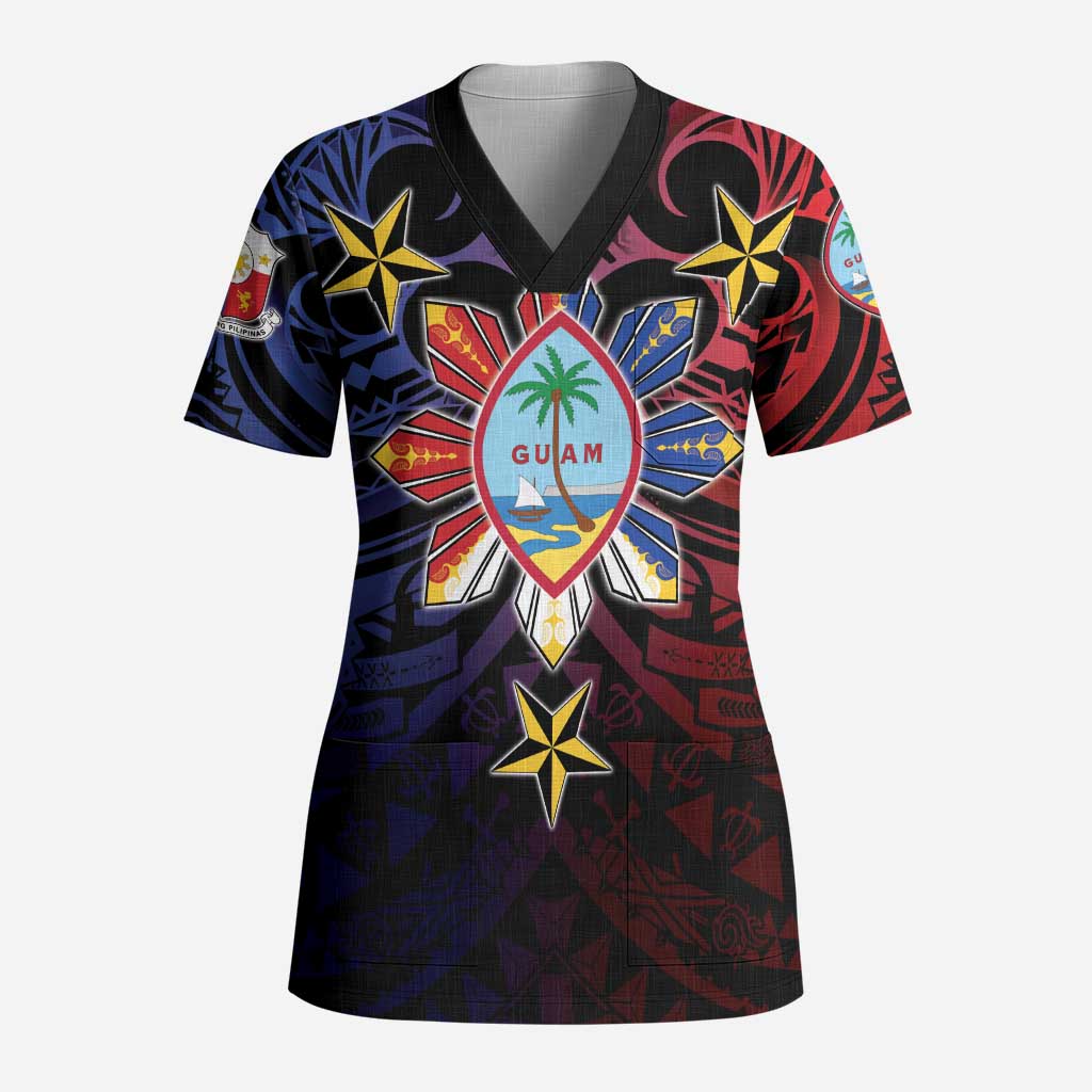 Philippines Guam Scrub Top Filipino Sun With Guaman Seal - Polynesian Pride